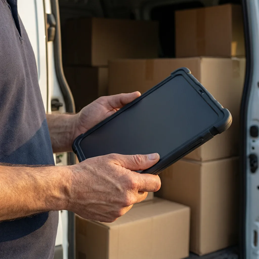 Operador revisando ruta de entrega en tablet junto a una van de reparto